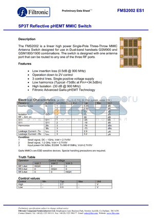 FMS2002 datasheet - SP3T Reflective pHEMT MMIC Switch