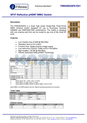 FMS2002QFN datasheet - SP3T Reflective pHEMT MMIC Switch