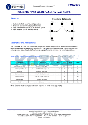 FMS2006 datasheet - DC- 6 GHz SPDT WLAN GaAs Low Loss Switch