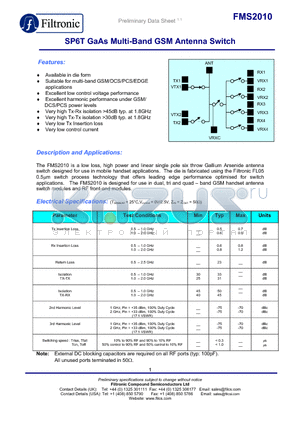 FMS2010-000-FF datasheet - SP6T GaAs Multi-Band GSM Antenna Switch