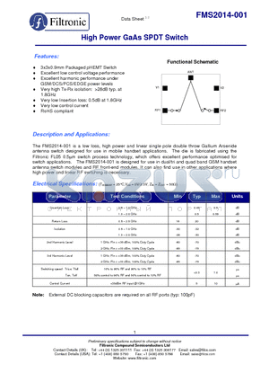 FMS2014-001-TB datasheet - High Power GaAs SPDT Switch