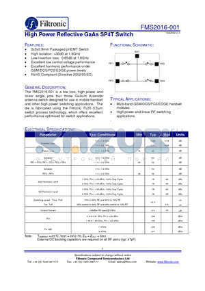 FMS2016-001-EB datasheet - High Power Reflective GaAs SP4T Switch