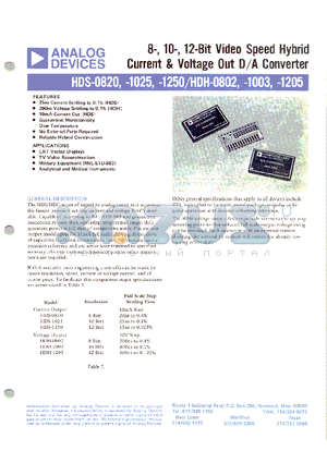 HDS-1250 datasheet - 8-, 10-,12-Bit Video Speed Hybrid Current & Voltage Out D/A Converter
