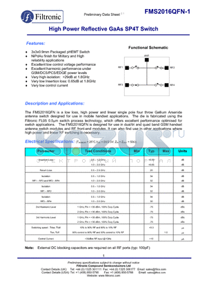 FMS2016-005 datasheet - High Power Reflective GaAs SP4T Switch