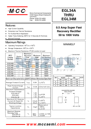 EGL34J datasheet - 0.5 Amp Super Fast Recovery Rectifier 50 to 1000 Volts