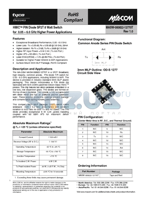 MASW-000822-12770T datasheet - HMICTM PIN Diode SP2T 8 Watt Switch for 0.05 - 6.0 GHz Higher Power Applications