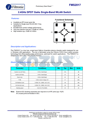 FMS2017-000-GP datasheet - 2.4GHz DPDT GaAs Single-Band WLAN Switch