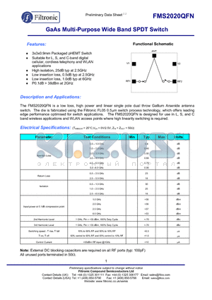 FMS2020-001 datasheet - GaAs Multi-Purpose Wide Band SPDT Switch