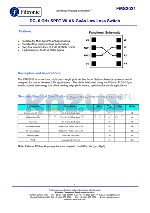 FMS2021 datasheet - DC- 6 GHz SPDT WLAN GaAs Low Loss Switch