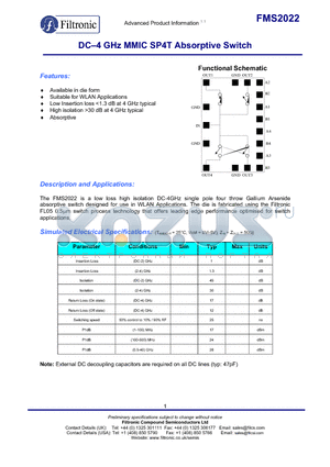 FMS2022 datasheet - DC-4 GHz MMIC SP4T Absorptive Switch