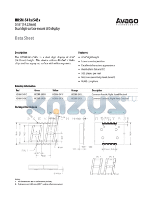 HDSM-541C datasheet - The HDSM-541x/543x is a dual digit display of 0.56 (14.22mm) height. This device utilizes AlInGaP / GaAs chips and has a grey top surface with white segments.