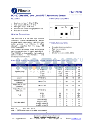 FMS2023 datasheet - DC-20 GHZ MMIC LOW LOSS SPST ABSORPTIVE SWITCH