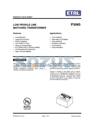 P3065 datasheet - LOW PROFILE LINE MATCHING TRANSFORMER