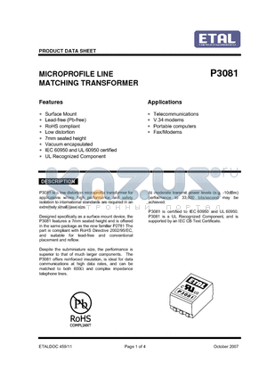 P3081 datasheet - MICROPROFILE LINE MATCHING TRANSFORMER