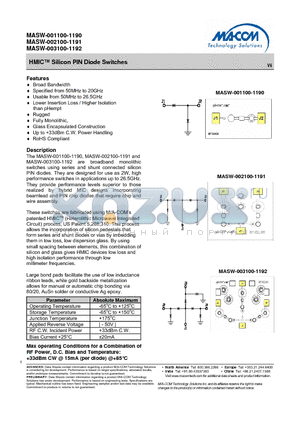 MASW-001100-1190 datasheet - HMIC Silicon PIN Diode Switches