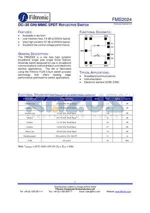 FMS2024-000 datasheet - DC-20 GHZ MMIC SPDT REFLECTIVE SWITCH