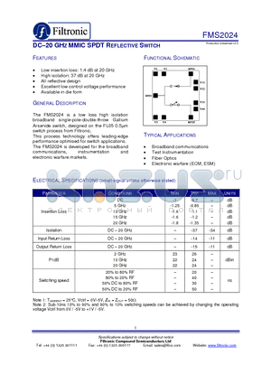 FMS2024-000 datasheet - DC-20 GHZ MMIC SPDT REFLECTIVE SWITCH