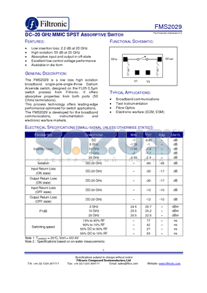 FMS2029_1 datasheet - DC-20 GHZ MMIC SPST ABSORPTIVE SWITCH