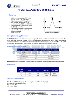 FMS2031-001-EB datasheet - 10 Watt GaAs Wide Band SPDT Switch