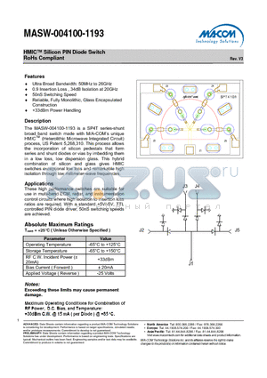 MASW-004100-11930G datasheet - HMIC Silicon PIN Diode Switch