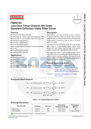 FMS6143 datasheet - Low-Cost Three-Channel 4th-Order Standard Defi nition Video Filter Driver