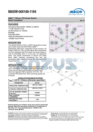 MASW-005100-11940W datasheet - HMIC Silicon PIN Diode Switch