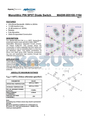 MASW-005100-1194 datasheet - Monolithic PIN SP5T Diode Switch