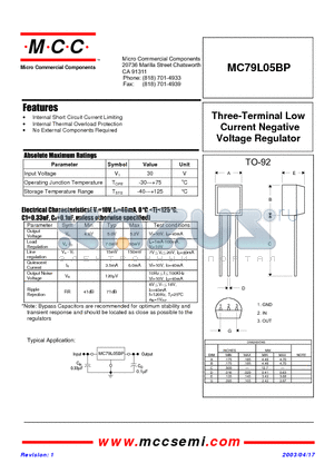 MC79L05BP datasheet - Three-Terminal Low Current Positive Voltage Regulator