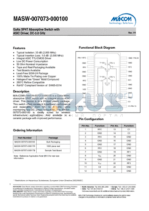 MASW-007073-0001TR datasheet - GaAs SP4T Absorptive Switch with ASIC Driver, DC-3.0 GHz