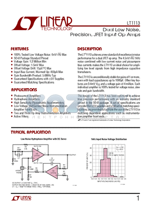 LT1113MJ8 datasheet - Dual Low Noise, Precision, JFET Input Op Amps