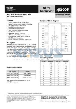 MASW-007075-000100 datasheet - GaAs SPDT Absorptive Switch with ASIC Driver, DC-3.0 GHz