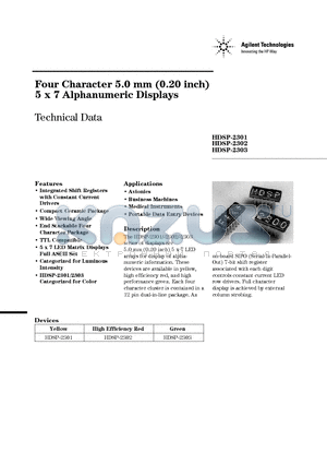 HDSP-2301 datasheet - Four Character 5.0 mm (0.20 inch) 5 x 7 Alphanumeric Displays