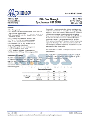 GS8161FZ18BD-7.5 datasheet - 18Mb Flow Through Synchronous NBT SRAM