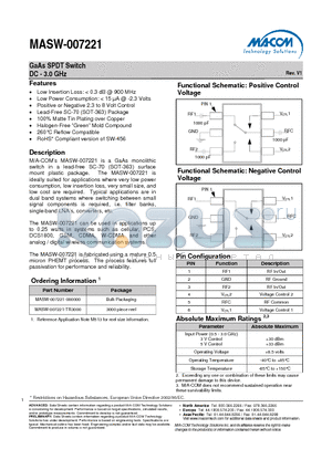 MASW-007221-TR3000 datasheet - GaAs SPDT Switch DC - 3.0 GHz