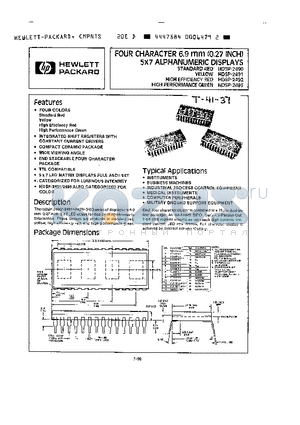 HDSP-2492 datasheet - FOUR CHARACTER 6.9mm (0.27 INCH) 5 x 7 ALPHANUMERIC DISPLAYS