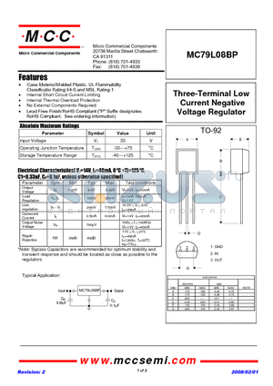 MC79L08BP-BP datasheet - Three-Terminal Low Current Negative Voltage Regulator