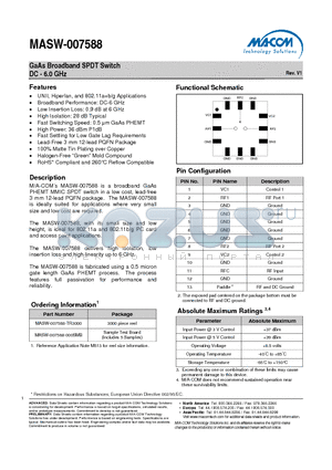 MASW-007588 datasheet - GaAs Broadband SPDT Switch DC - 6.0 GHz