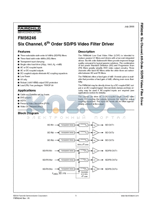 FMS6246MTC20 datasheet - Six Channel, 6th Order SD/PS Video Filter Driver