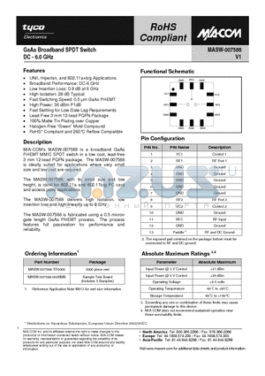 MASW-007588-TR3000 datasheet - GaAs Broadband SPDT Switch DC - 6.0 GHz
