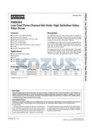 FMS6363 datasheet - Low Cost Three Channel 6th Order High Definition Video Filter Driver
