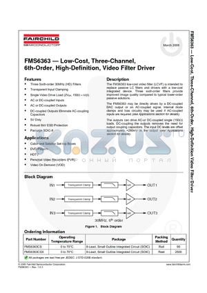 FMS6363 datasheet - Low-Cost, Three-Channel, 6th-Order, High-Definition, Video Filter Driver