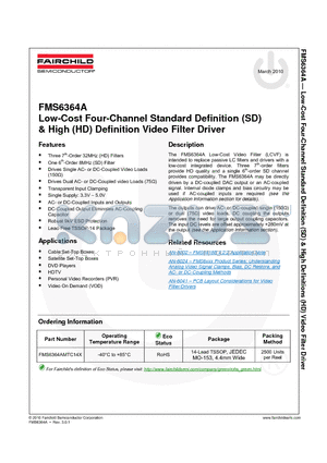 FMS6364AMTC14X datasheet - Low-Cost Four-Channel Standard Definition (SD) & High (HD) Definition Video Filter Driver