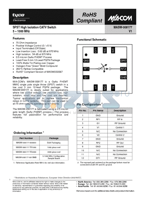 MASW-008177-TR1000 datasheet - SPST High Isolation CATV Switch 5 - 1000 MHz