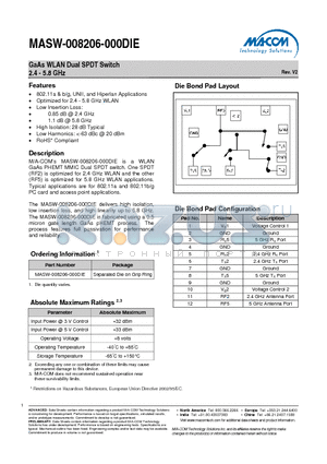MASW-008206-000DIE datasheet - GaAs WLAN Dual SPDT Switch 2.4 - 5.8 GHz
