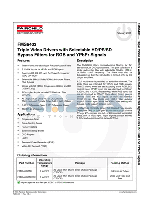 FMS6403_08 datasheet - Triple Video Drivers with Selectable HD/PS/SD Bypass Filters for RGB and YPbPr Signals