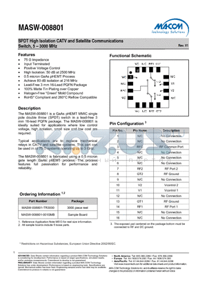 MASW-008801-001SMB datasheet - SPDT High Isolation CATV and Satellite Communications Switch, 5 - 3000 MHz