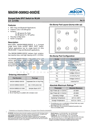 MASW-008902-000DIE datasheet - Bumped GaAs SP3T Switch for WLAN 2.4 - 2.5 GHz