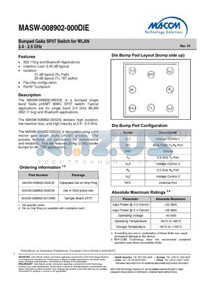 MASW-008902-000DIE_V4 datasheet - Bumped GaAs SP3T Switch for WLAN