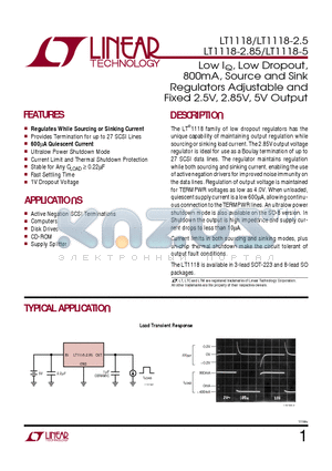 LT1118 datasheet - Low IQ, Low Dropout, 800mA, Source and Sink Regulators Adjustable and Fixed 2.5V, 2.85V, 5V Output