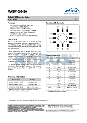 MASW-009460-TR3000 datasheet - GaAs DPDT Diversity Switch 0.5 - 3.0 GHz